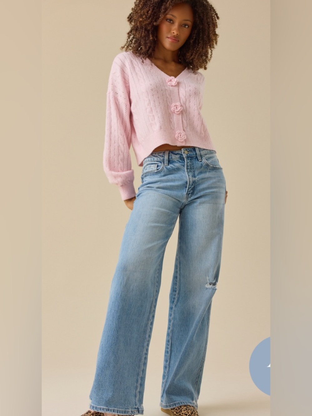 Altar'd State Light Pink Cropped Knit Cardigan with Rose Buttons: Medium - Picture 3 of 6